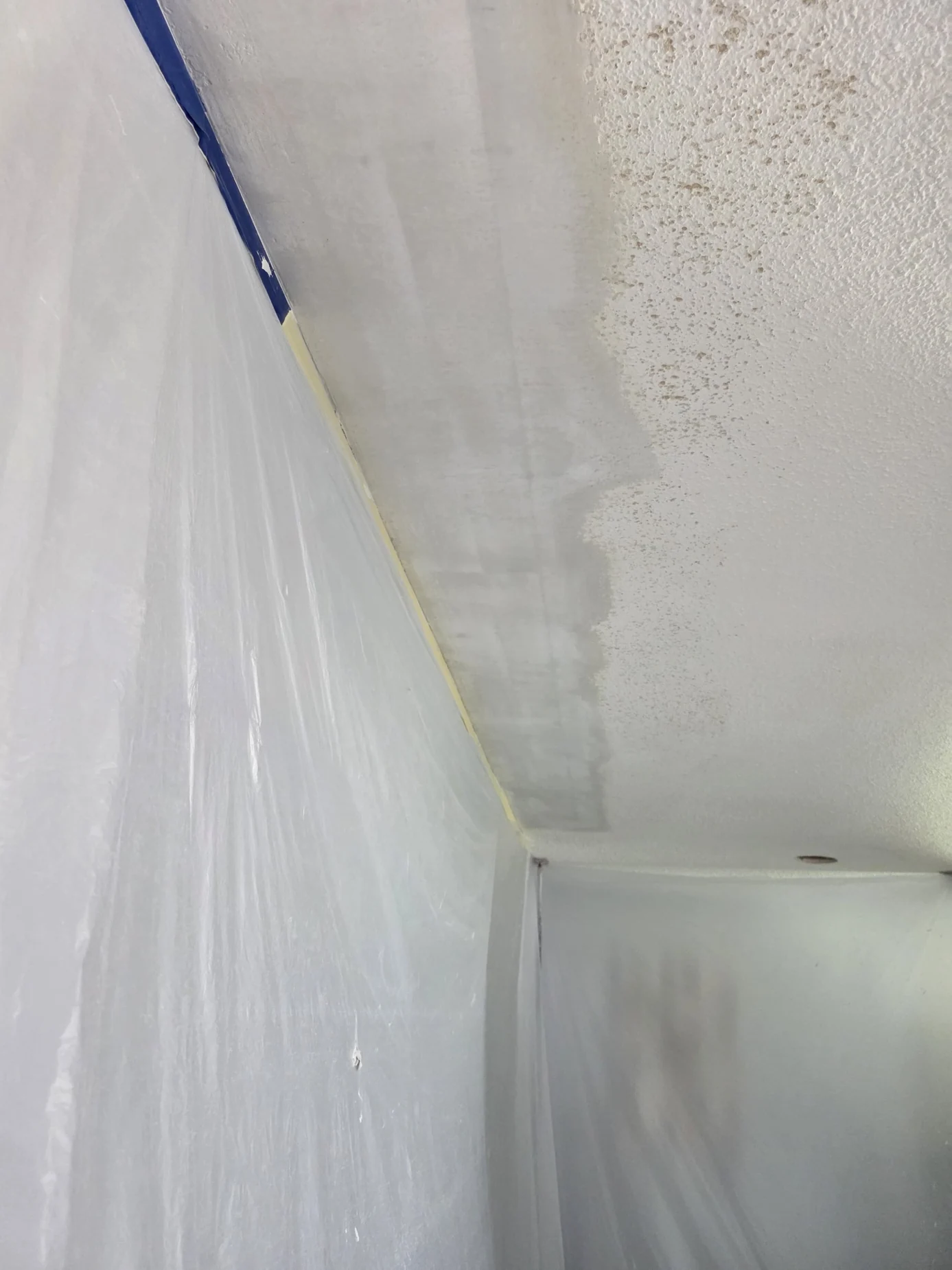 Same protected hallway ceiling with broad repaired section and visible joint compound