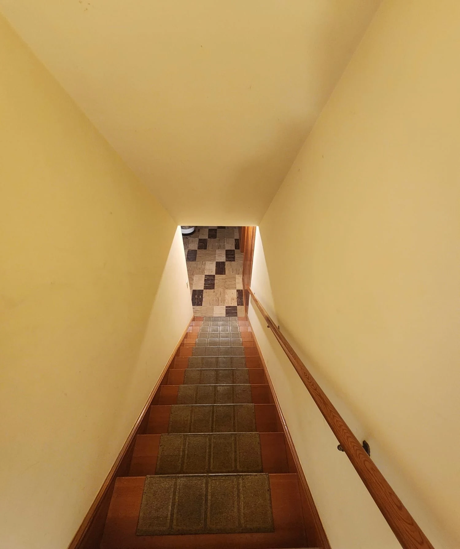 View down a staircase featuring a carpet runner, wood handrail and warm-colored walls